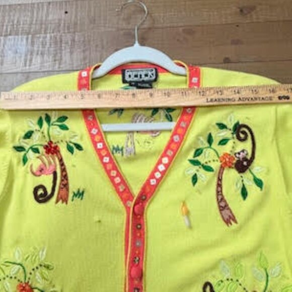Berek Monkey Jungle Embroidered Cardigan Sweater Yellow Button Front Size Medium - Picture 10 of 15